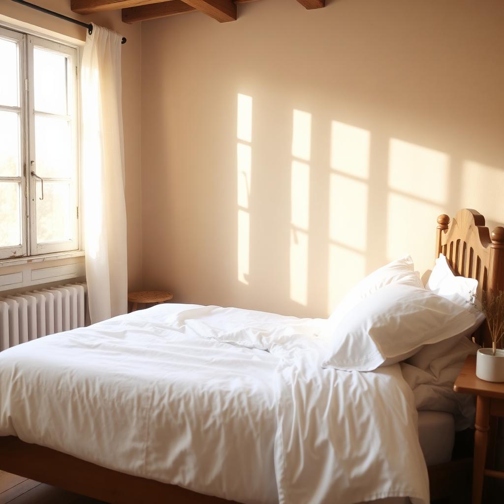 Guest bedroom with white linen and morning light