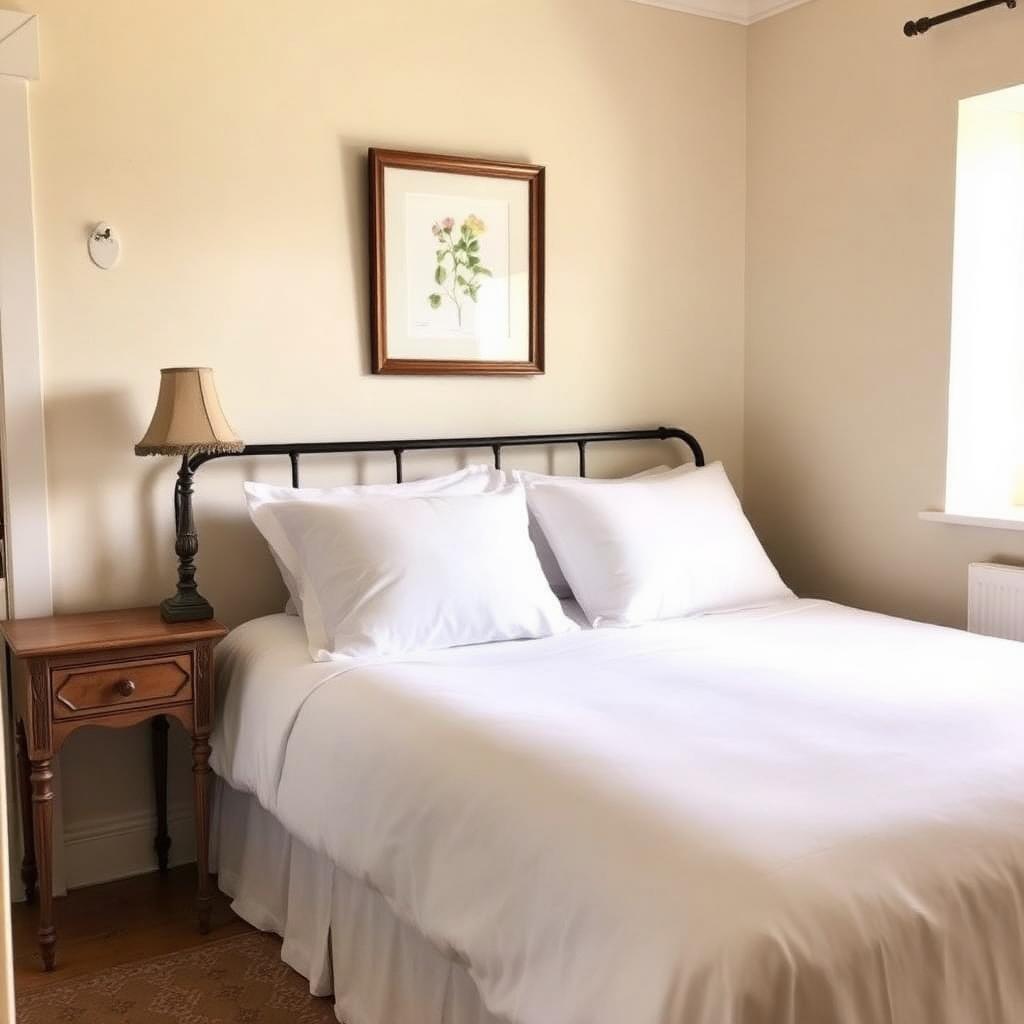 Country bedroom with iron bed and botanical print