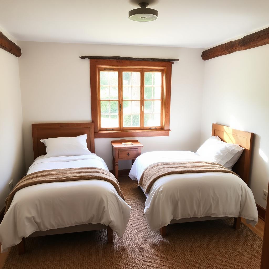 Twin bedroom with wooden beams