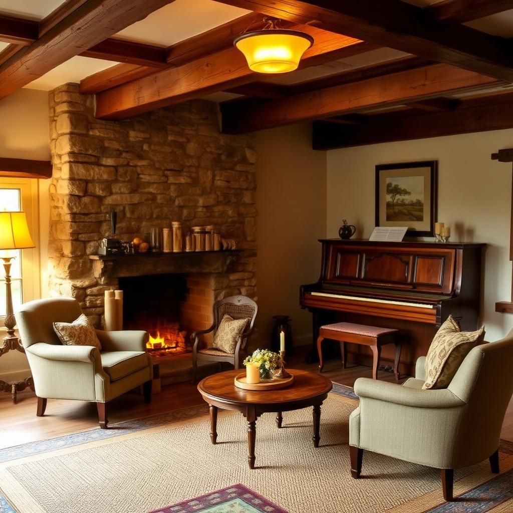 Common room with stone fireplace and upright piano